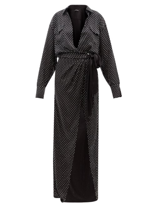 David Koma - Plunge-neck Crystal-embellished Satin Wrap Dress Black Silver