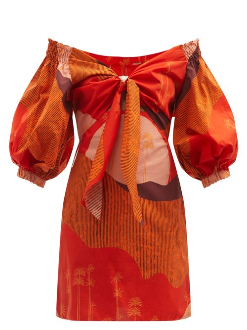Johanna Ortiz - Santillana Del Llano Puff-sleeve Cotton Mini Dress Orange