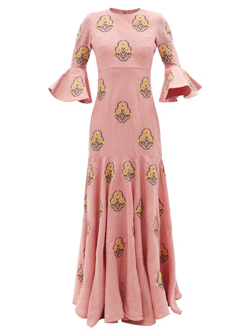 Buy Agua By Agua Bendita - Gardenia Floral-embroidered Linen Maxi Dress Pink Multi online - shop best Agua by Agua Bendita clothing sales