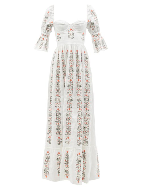 Agua By Agua Bendita - Cedro Floral-embroidered Linen Maxi Dress White