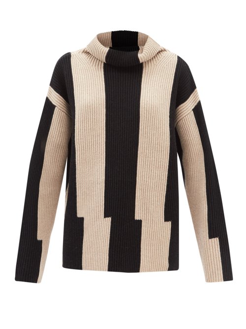 Joseph - Striped Roll-neck Ribbed Wool Sweater Black