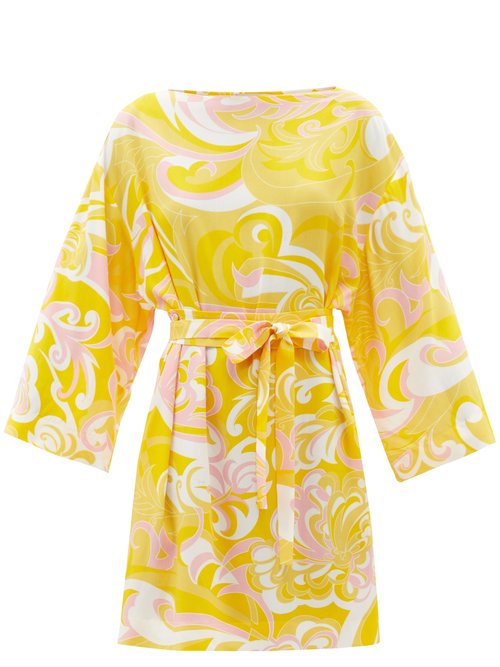 Buy Emilio Pucci - Albizia-print Belted Voile Mini Dress Yellow online - shop best Emilio Pucci clothing sales