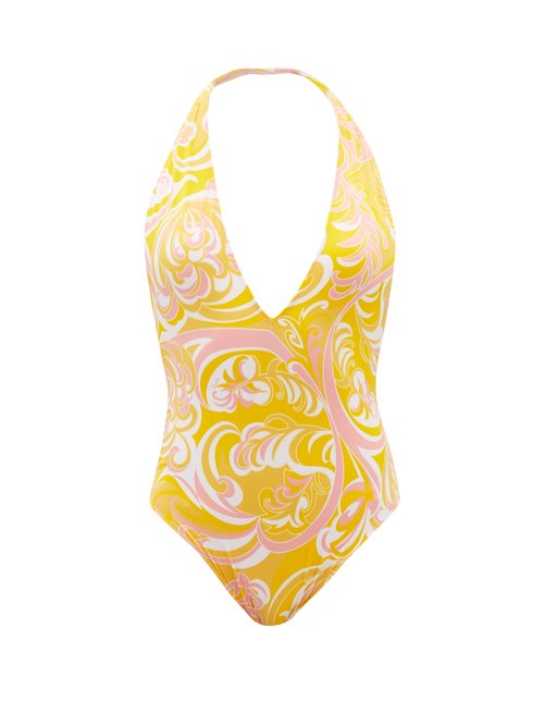Emilio Pucci - Plunge-neck Albizia-print Halterneck Swimsuit Yellow Beachwear
