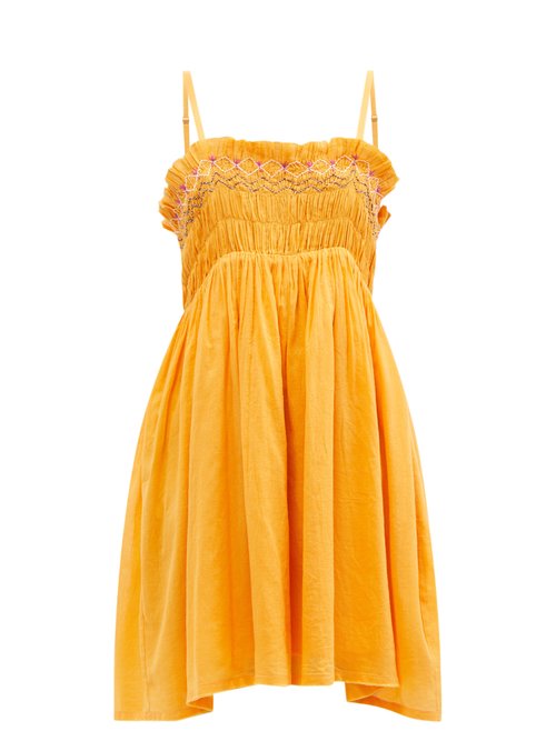 Anaak - Rosa Shirred Cotton-khadi Mini Dress Orange