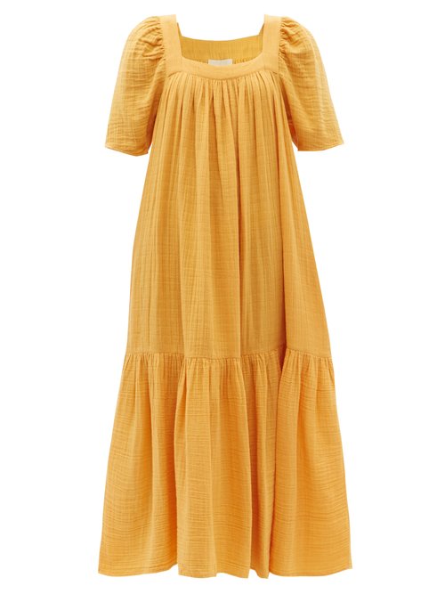 Anaak - Khimsar Square-neck Crinkled-cotton Maxi Dress Orange