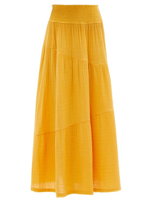 Anaak - Pushkar Shirred-waist Cotton-gauze Midi Skirt Orange Beachwear