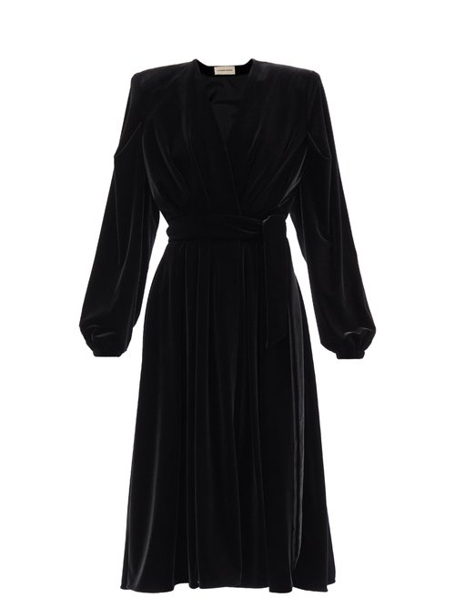 Alexandre Vauthier - Padded-shoulder V-neck Velvet Wrap Dress Black