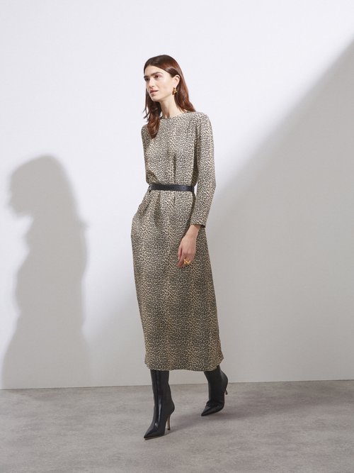 Raey - Leopard-jacquard Crepe Midi Shift Dress Brown Print