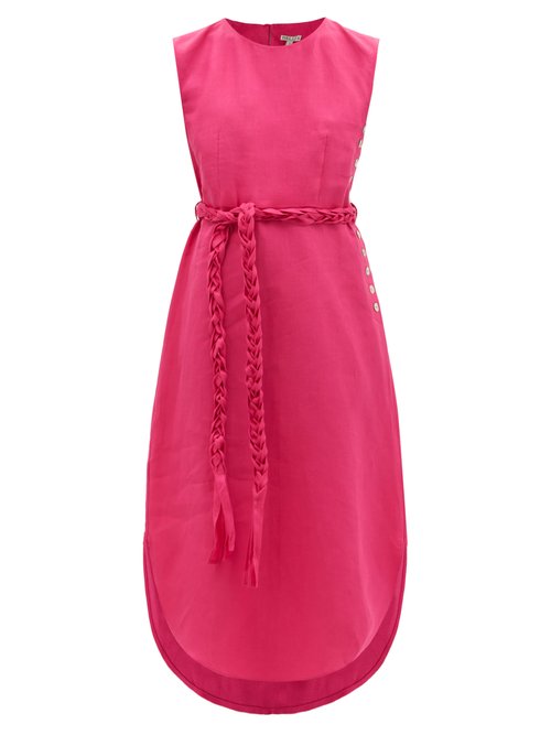 Belize - Lila Braided-belt Linen Midi Dress Pink