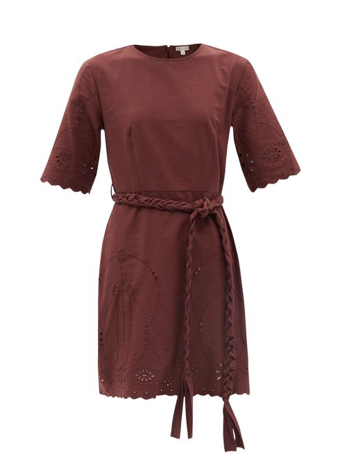 Belize - Genesis Belted Broderie-anglaise Cotton Mini Dress Brown