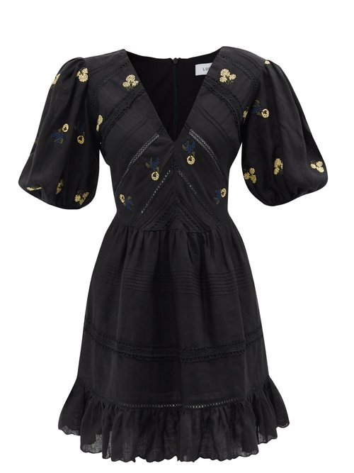 Lug Von Siga - Emma Floral-embroidered Linen Mini Dress Black