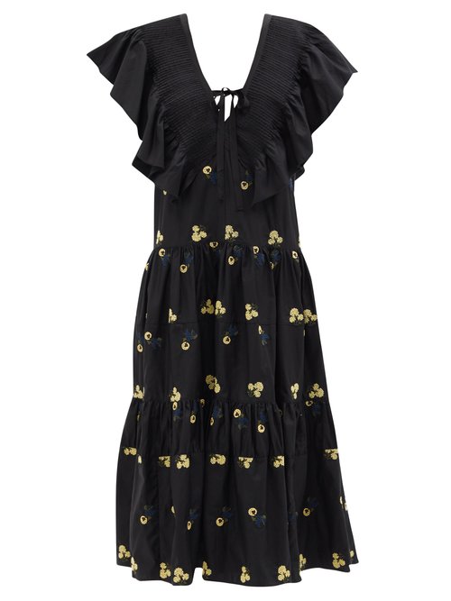 Lug Von Siga - Cora Ruffled Floral-embroidered Cotton Midi Dress Black