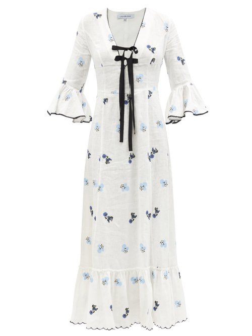 Buy Lug Von Siga - Diana Floral-embroidered Linen Midi Dress White online - shop best Lug Von Siga clothing sales