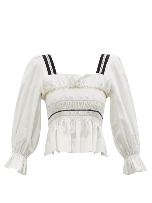 Buy Lug Von Siga - Elisa Puffed-sleeve Smocked Cotton Top White online - shop best Lug Von Siga 