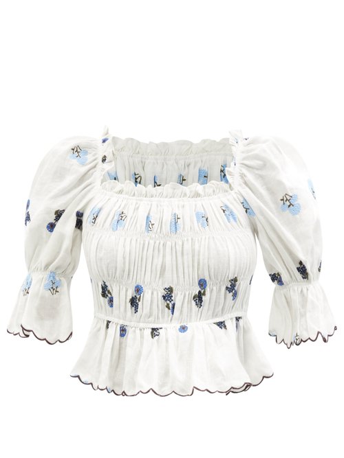 Lug Von Siga - Emily Floral-embroidered Smocked Linen Top White