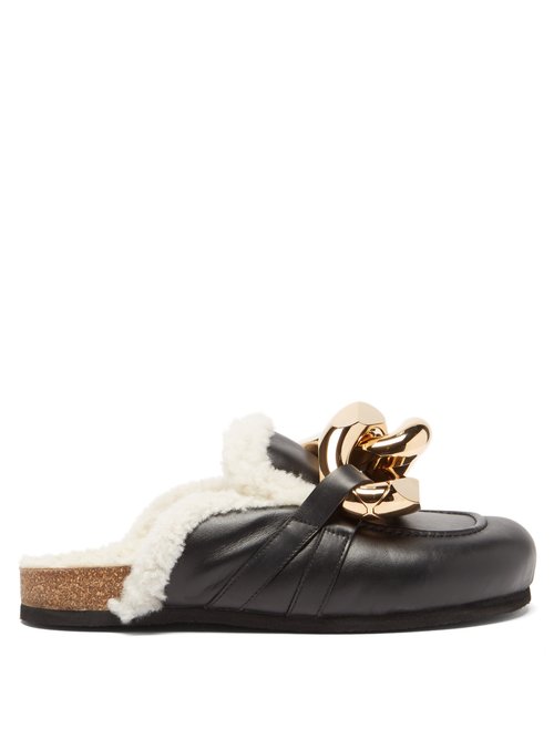 JW Anderson - Chain Shearling-lined Leather Slides Black