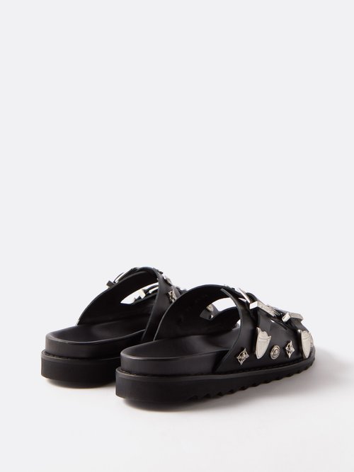 Metal-plaque Two-strap Leather Sandals In Black