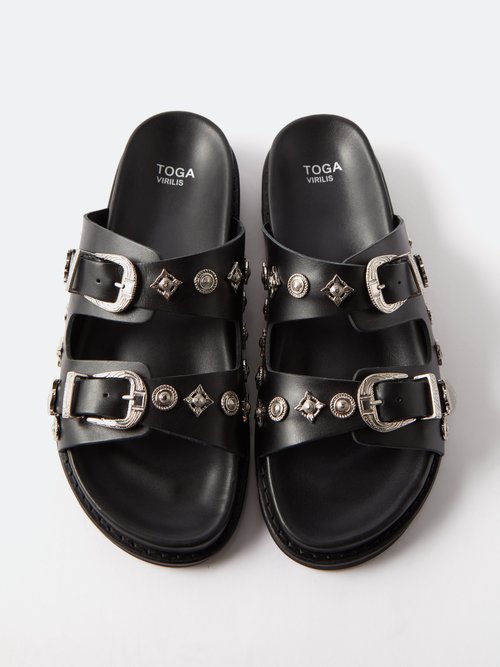 Toga Virilis Metal-plaque Two-strap Leather Sandals In Black