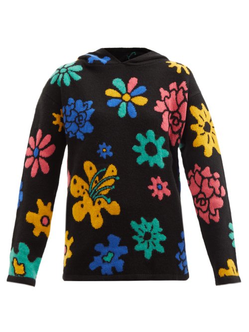 The Elder Statesman - Sound Flowers-intarsia Cashmere Hooded Sweater Black Multi