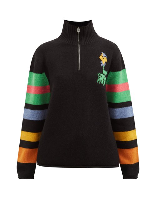 The Elder Statesman - Wildflower-intarsia Stripe Cashmere Sweater Black Multi