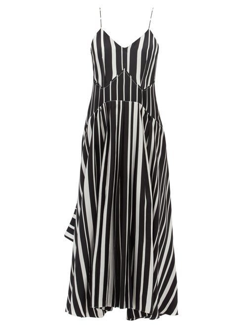 Buy Victoria Beckham - V-neck Striped Silk-crepe Midi Dress Black White online - shop best Victoria Beckham clothing sales