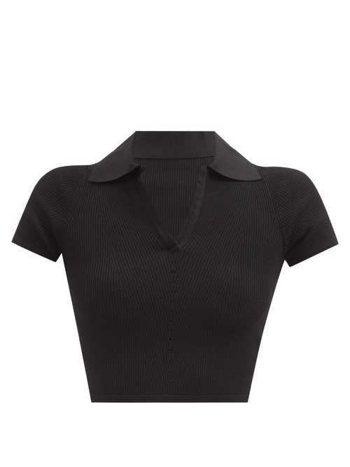 Live The Process - Seamless Ribbed Jersey Cropped Polo Top Black