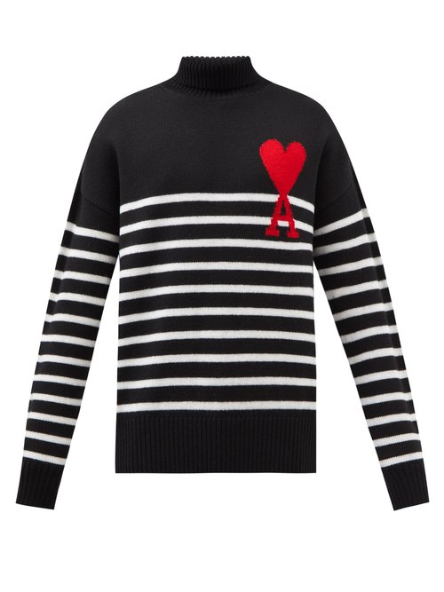 Ami - Ami De Caur-intarsia Striped Wool Sweater - Mens - Black White