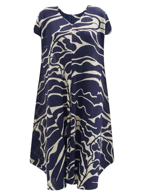 Pleats Please Issey Miyake - Leaf-print Technical-pleated Midi Dress Blue Print