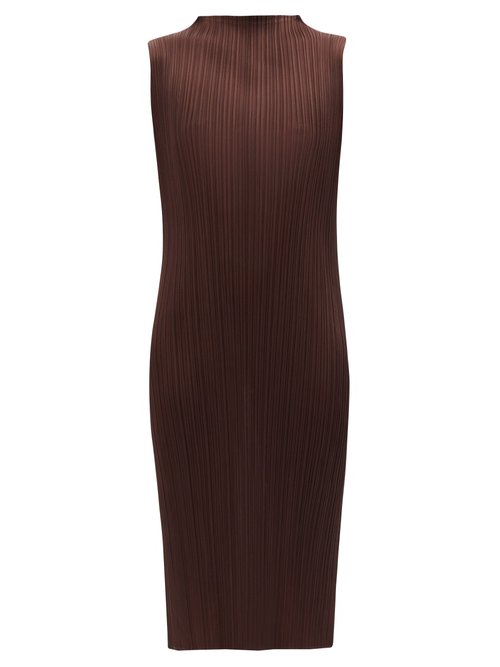 Pleats Please Issey Miyake - High-neck Technical-pleated Midi Dress Dark Brown
