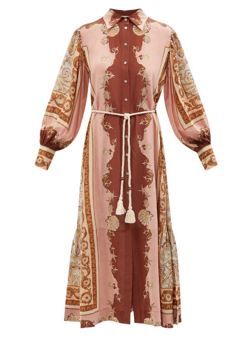 Ale mais - Ursula Scarf-print Silk-crepe Midi Shirt Dress Brown
