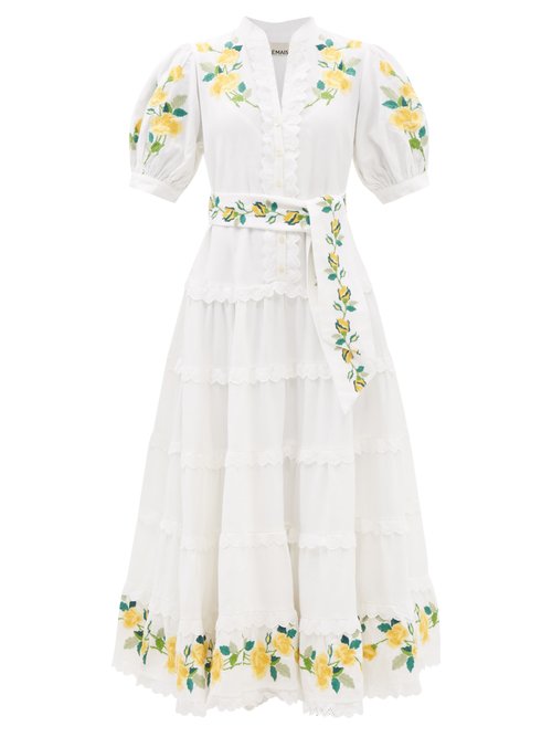 Ale mais - Rosa Floral-embroidered Midi Dress Ivory