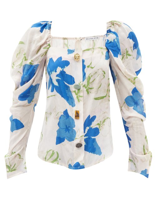 Rejina Pyo - Maya Floral-print Puff-sleeve Crepe Blouse Blue Multi