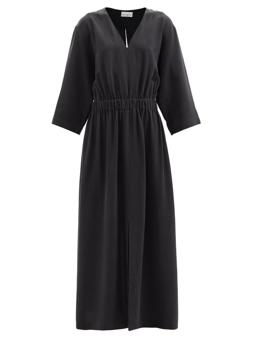 Raey - Wide-sleeve Elasticated-waist Silk Dress Black