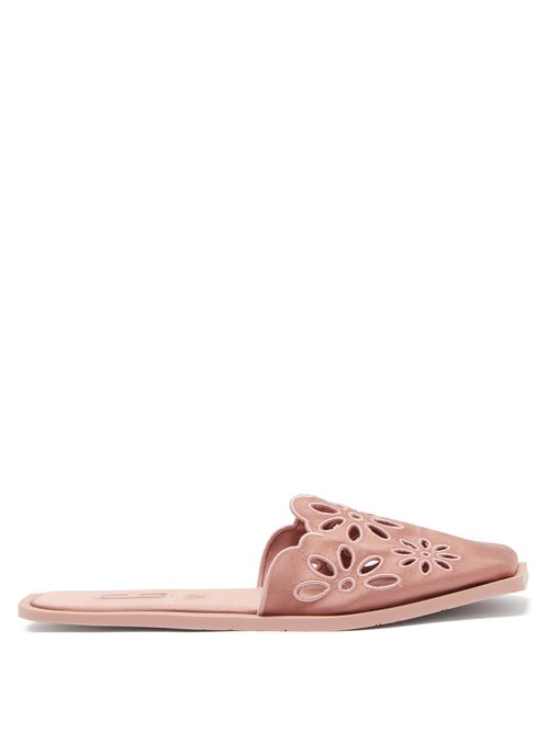 Floral-embroidered Satin Slippers