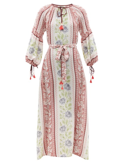 D'Ascoli - Alina Cross-stitch Print Silk Dress Red