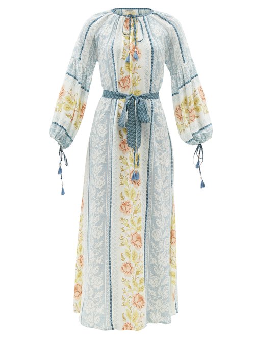 D'Ascoli - Alina Tasselled Floral-print Silk-crepe Dress Blue Beachwear