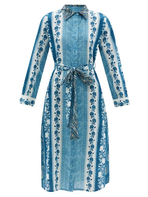 D'Ascoli - Rayna Floral-print Cotton-khadi Shirt Dress Blue