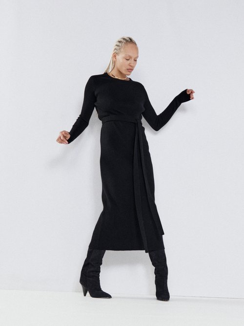 Raey - Recycled-cashmere Blend Belted Crew-neck Dress Black