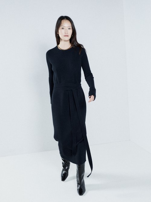 Raey - Recycled-cashmere Blend Belted Crew-neck Dress Navy