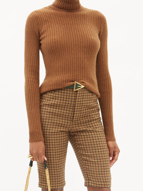 Saint Laurent - Ysl-plaque Roll-neck Ribbed Wool-blend Sweater Camel