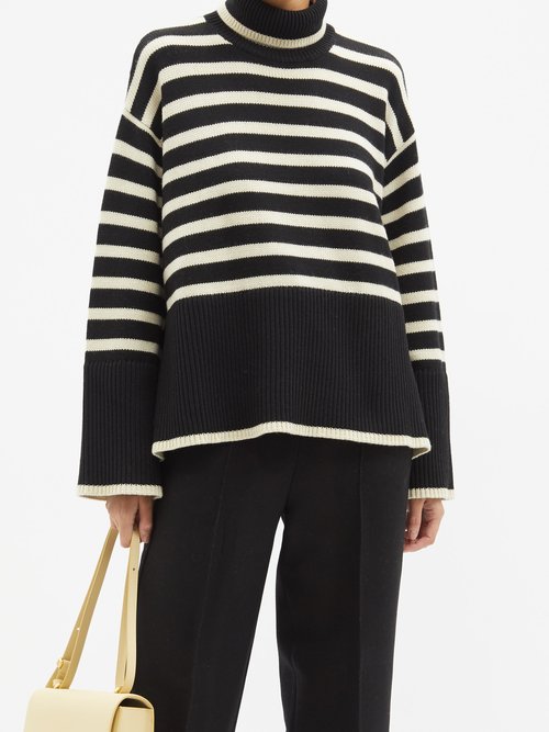 Shop Totême Striped Roll-neck Wool-blend Sweater In Black Stripe
