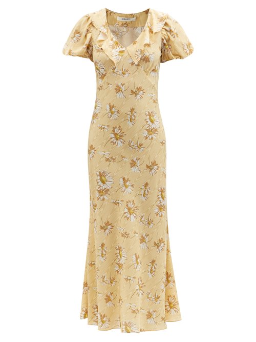 Rodarte - Puff-sleeve Daisy-print Silk Midi Dress Yellow