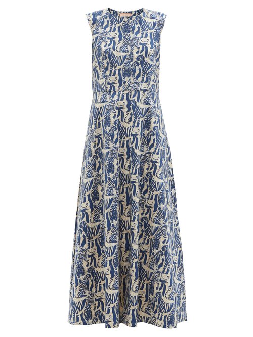 Marta Ferri - Arizona Tiger-print Cotton-blend Poplin Dress Blue White