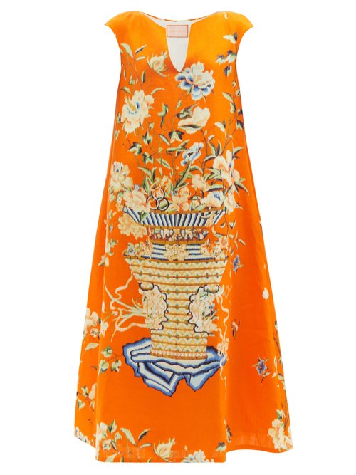 Marta Ferri - Stresa Floral-print Linen-twill Trapeze Dress Orange Print