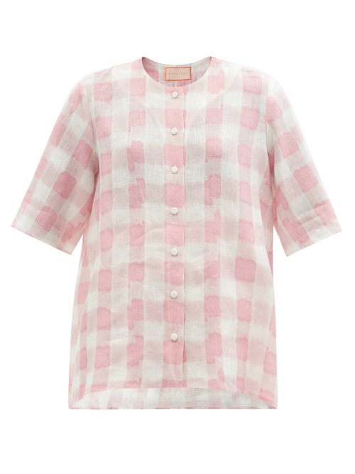 Marta Ferri - Round-neck Checked Linen Shirt Pink White