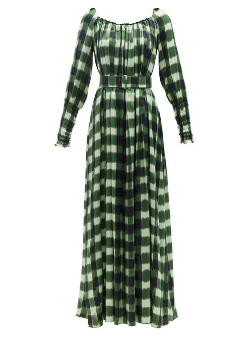 Marta Ferri Noel Belted Gingham-satin Maxi Dress In Green