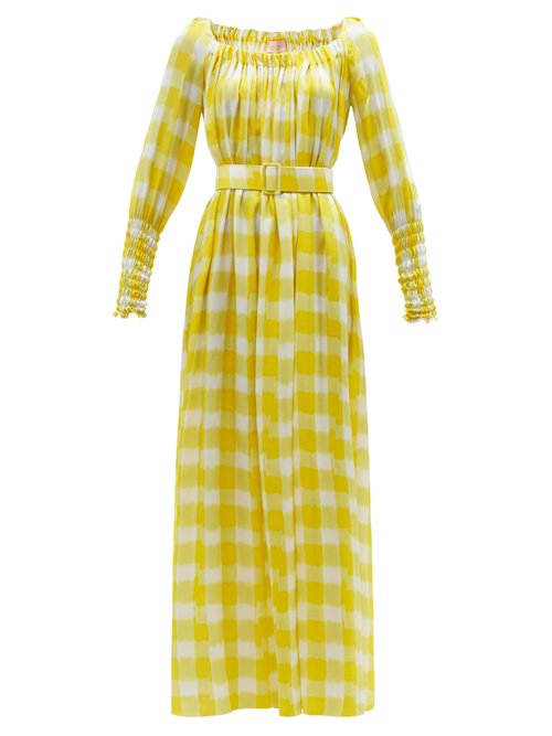 Marta Ferri Check-print Gathered-faille Maxi Dress In Yellow White