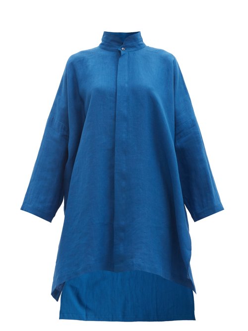 Eskandar - Stand-collar Longline Linen Shirt Blue