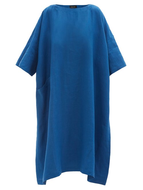 Eskandar - Boat-neck Linen Midi Dress Blue