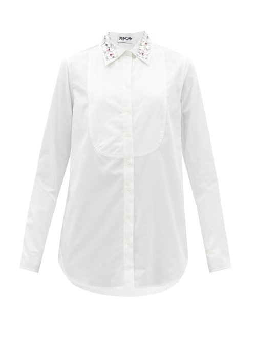 Duncan - Kingham Embellished-collar Cotton Longline Shirt White